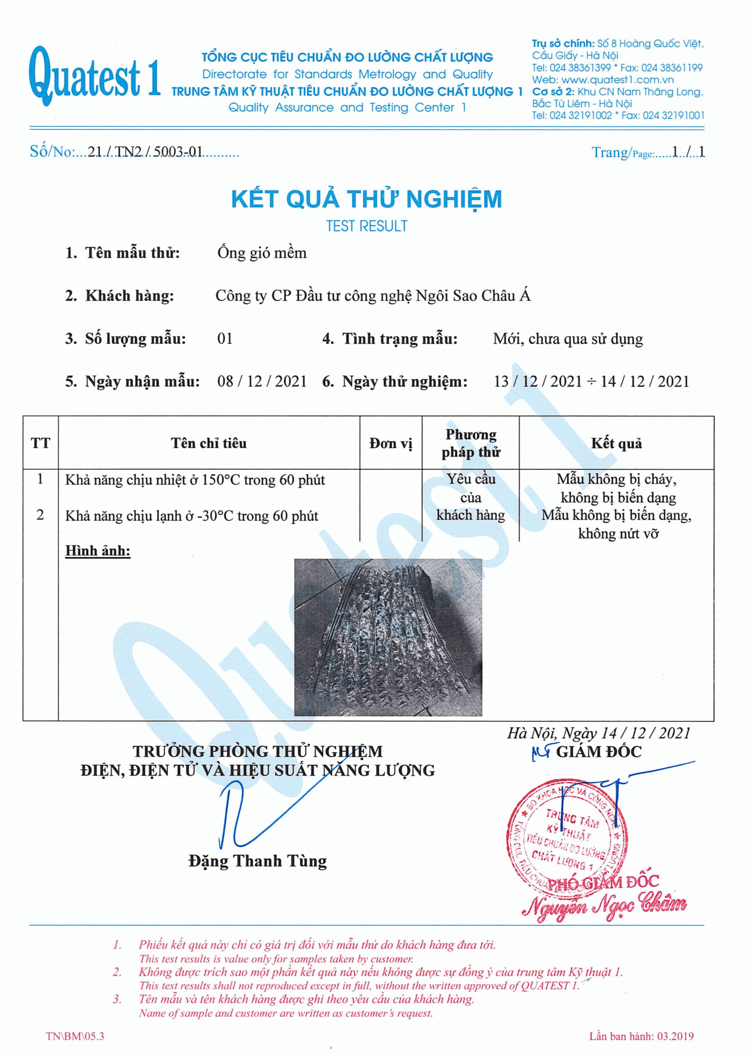 Kết quả thử nghiệm ống gió mềm không bảo ôn